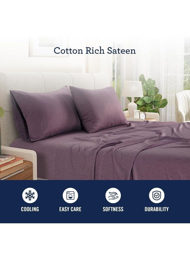 IZOD Melange Cotton Blend 4Pc King Size Bed Sheet Set, Deep Pockets fits Upto 17", Hotel Luxury Bedding Sheets & Pillowcases, Wrinkle Resistant, Sateen Weave Cooling Bed Sheet - Amethyst - Image 3